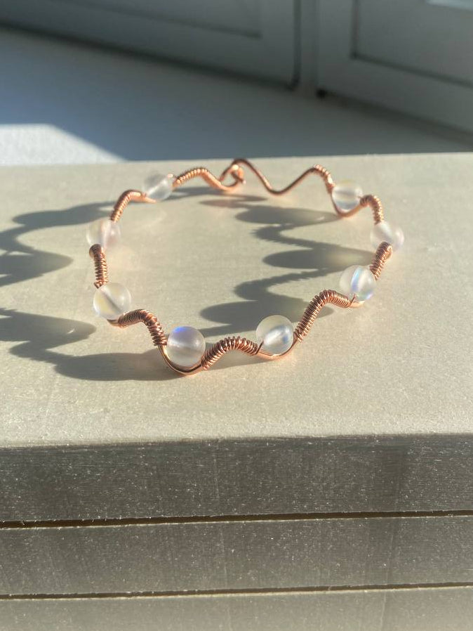Opal Glass Moonstone Copper Wire-wrapped Bracelet 6.5