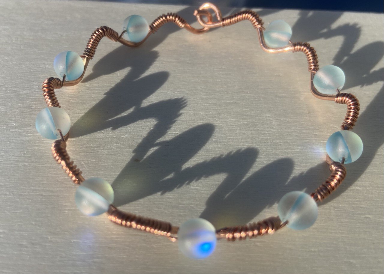 Sky Blue Opal Glass Copper Wire-Wrapped Bracelet