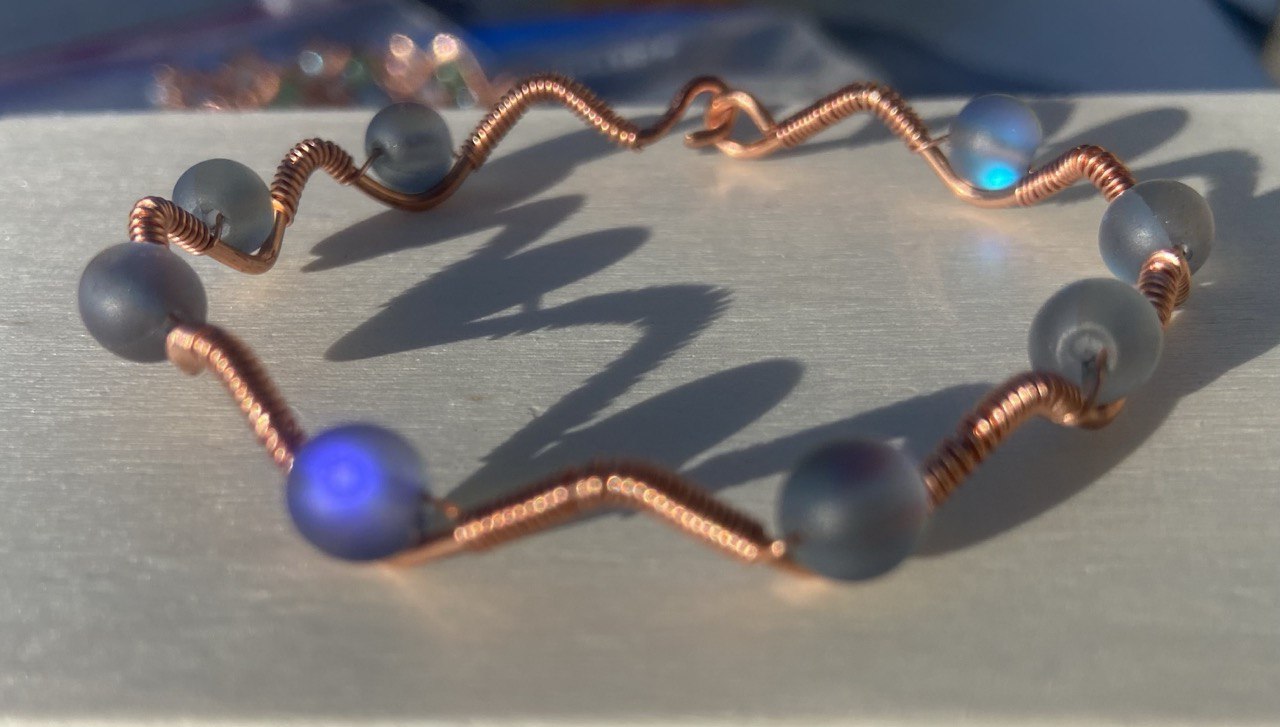 Moonstone Opal Glass Copper Wire-wrapped Bracelet