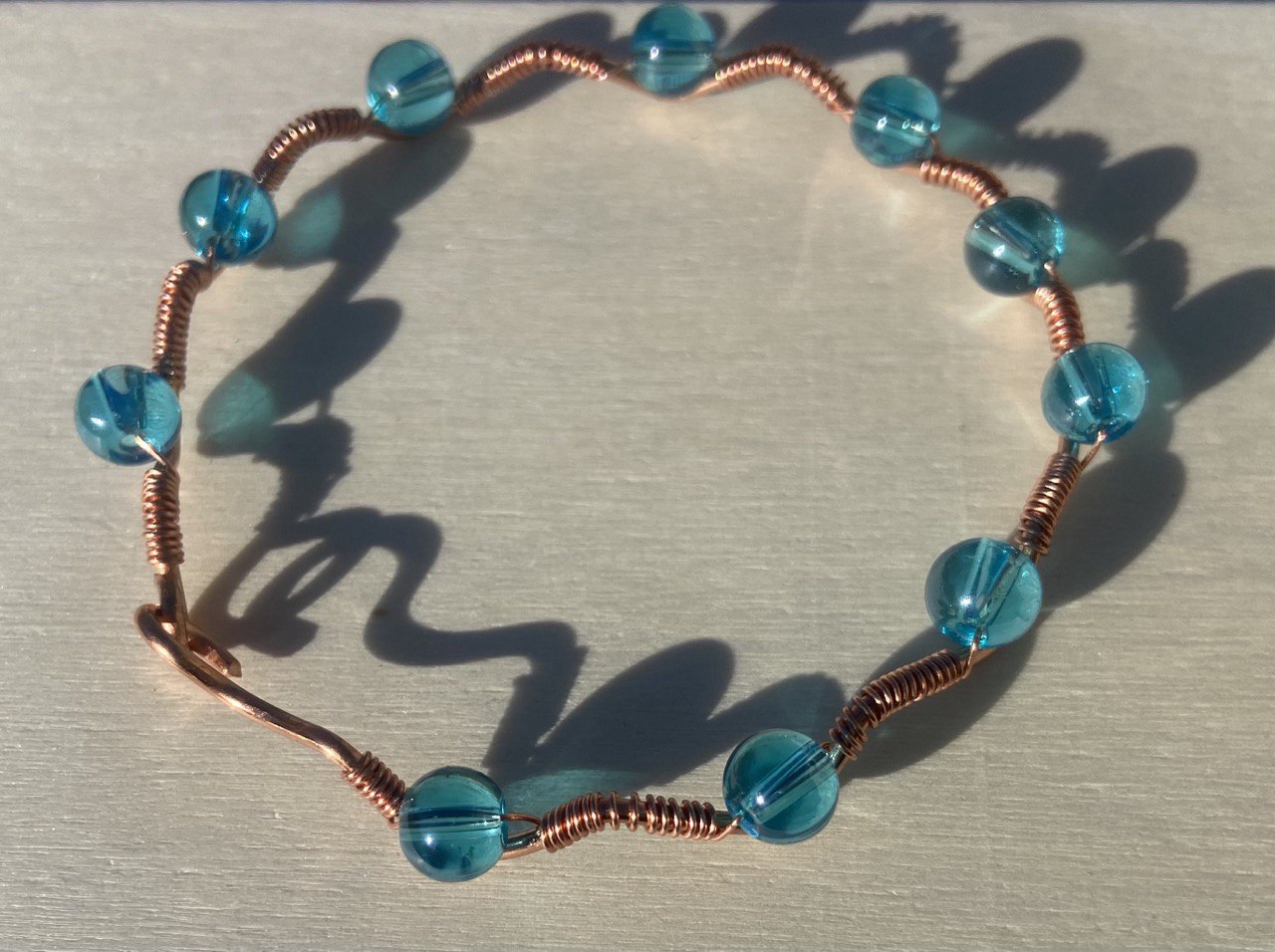 Aqua Glass Copper Wire-wrapped Bracelet