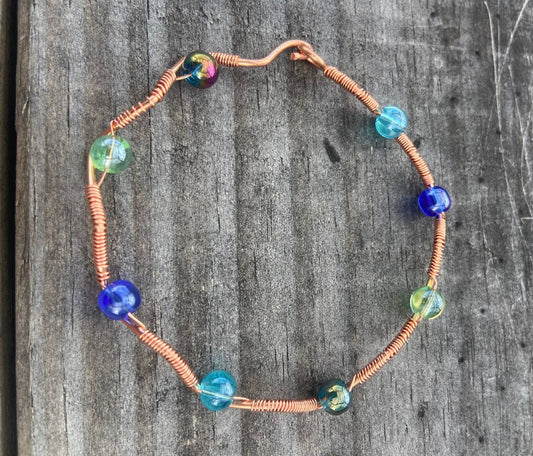Aqua Glass Mix Copper Wire-wrapped Bracelet