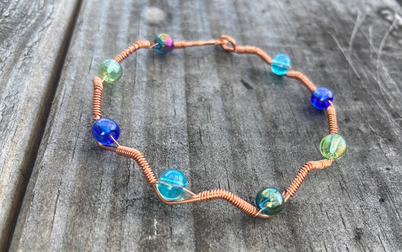 Aqua Glass Mix Copper Wire-wrapped Bracelet