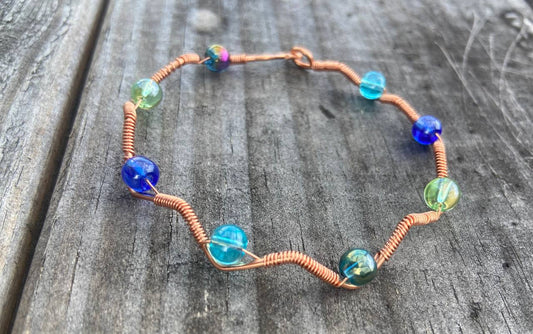 Aqua Glass Mix Copper Wire-wrapped Bracelet
