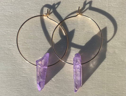 Purple Aurora Borealis Dyed Quartz Dagger Wire hoop Earrings