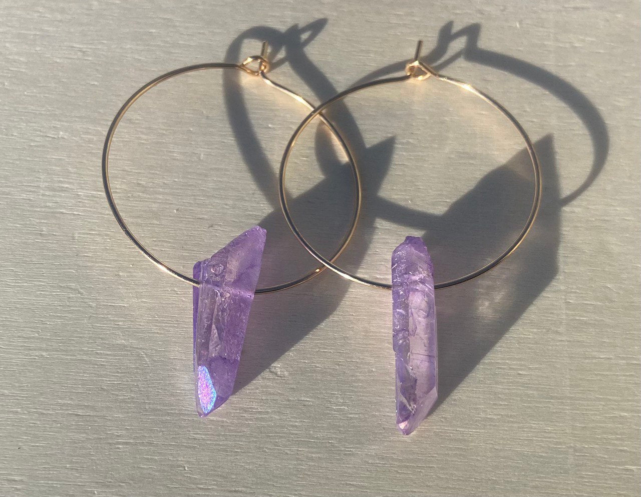 Purple Aurora Borealis Dyed Quartz Dagger Wire hoop Earrings
