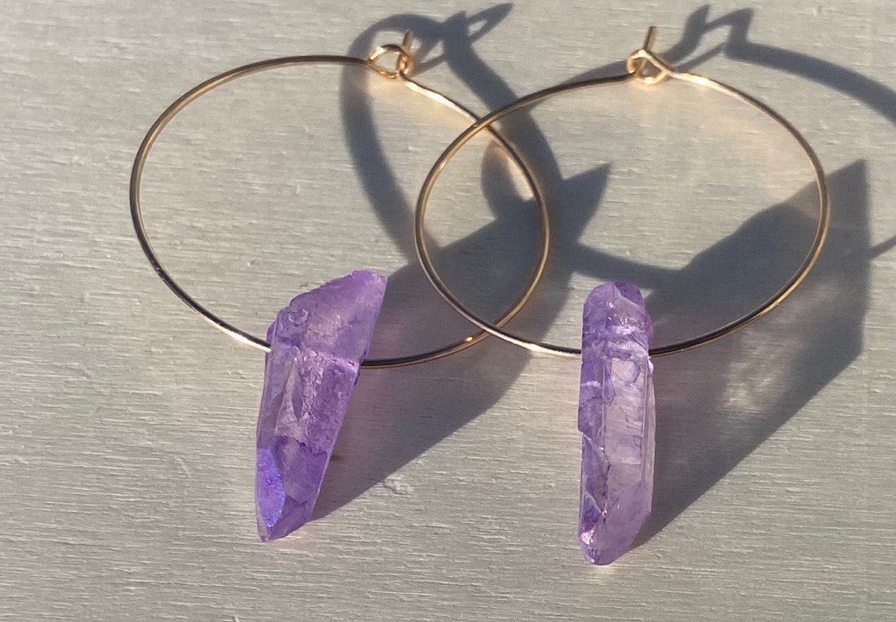 Purple Aurora Borealis Dyed Quartz Dagger Wire hoop Earrings