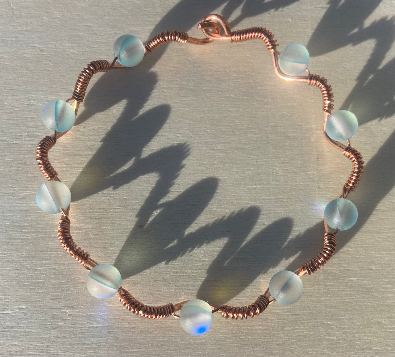 Sky Blue Opal Glass Copper Wire-Wrapped Bracelet