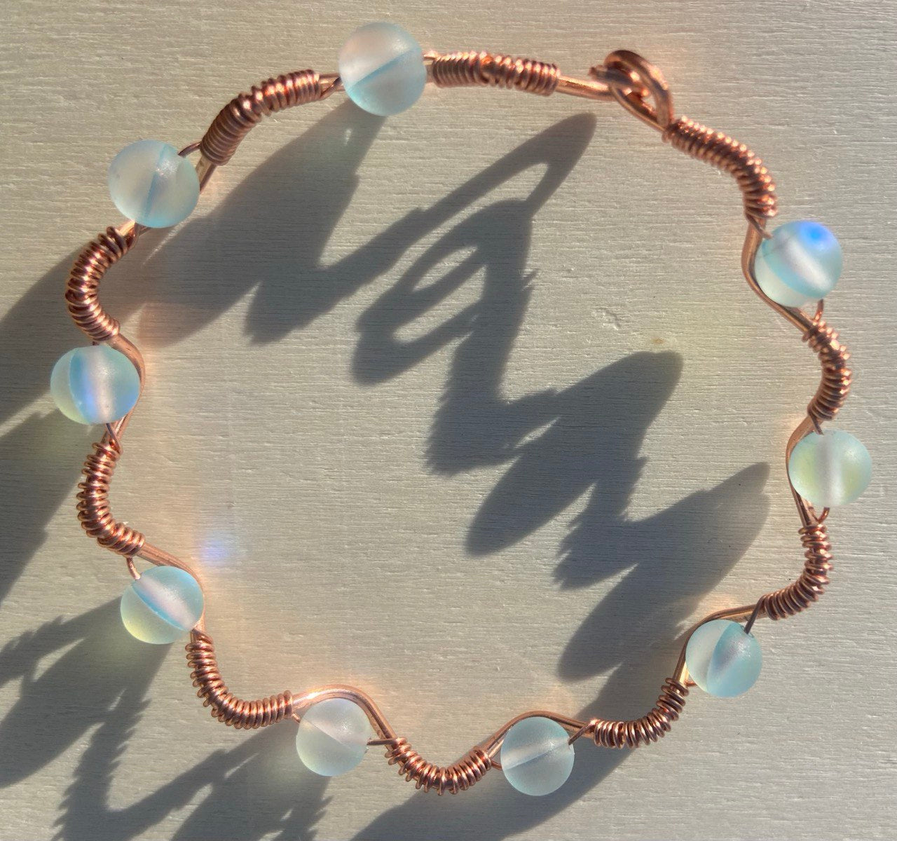 Sky Blue Opal Glass Copper Wire-Wrapped Bracelet