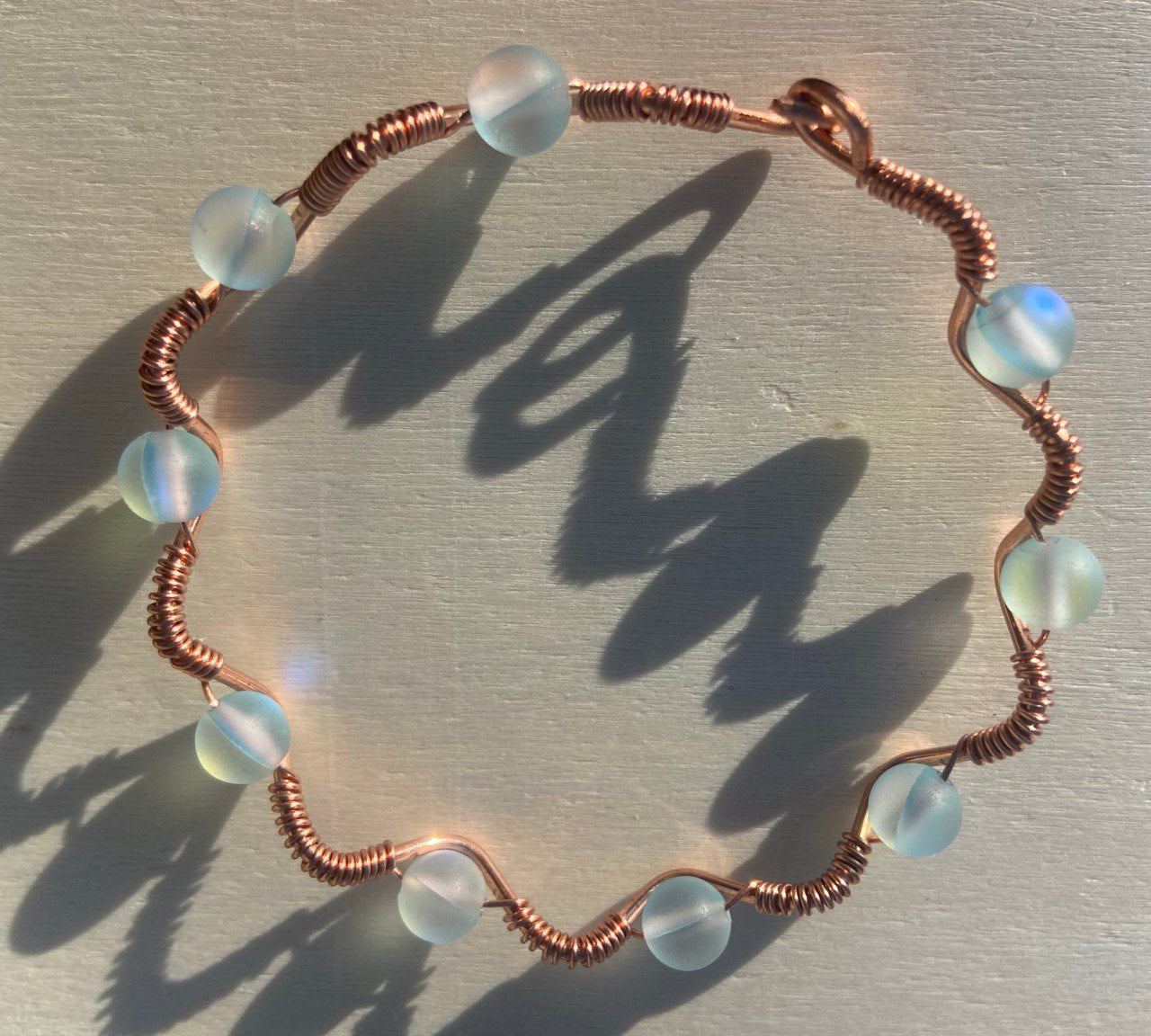 Sky Blue Opal Glass Copper Wire-Wrapped Bracelet