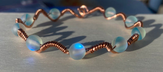 Sky Blue Opal Glass Copper Wire-Wrapped Bracelet