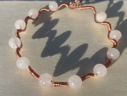 Rose Quartz Copper Wire-wrapped Bracelet