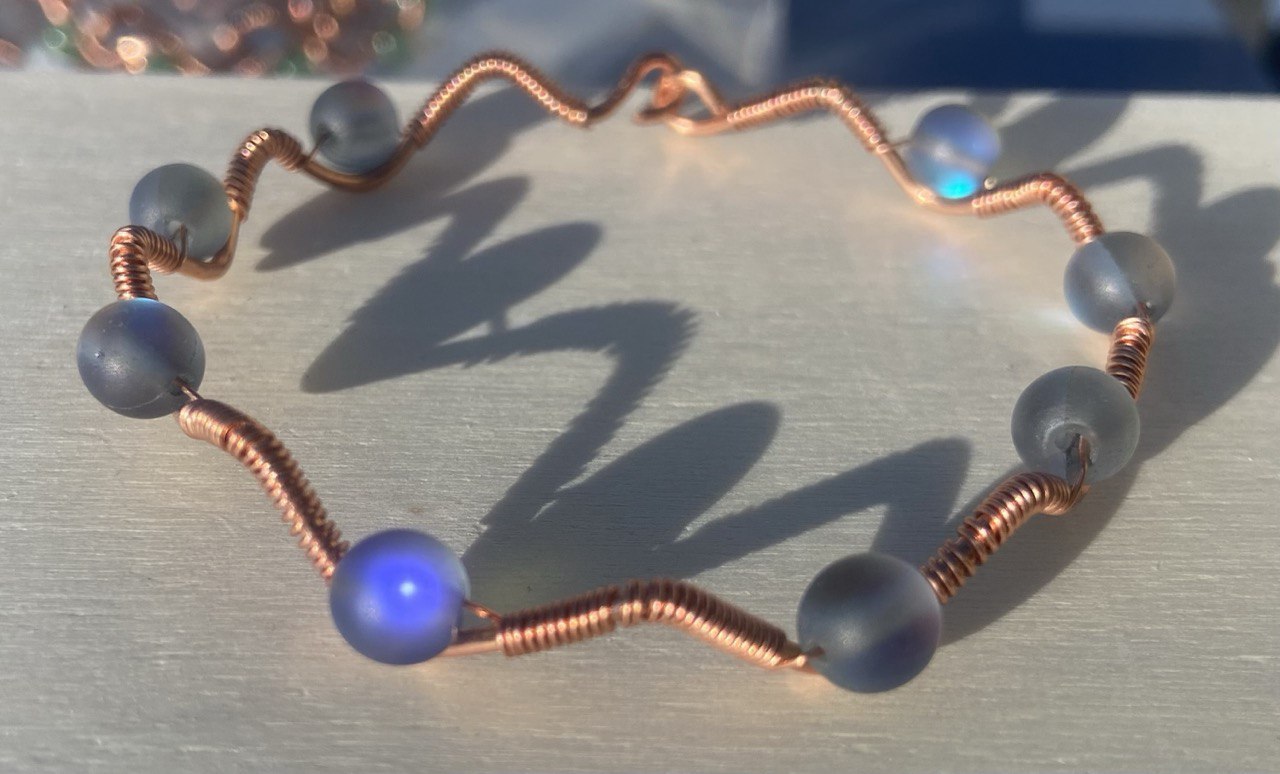 Moonstone Opal Glass Copper Wire-wrapped Bracelet