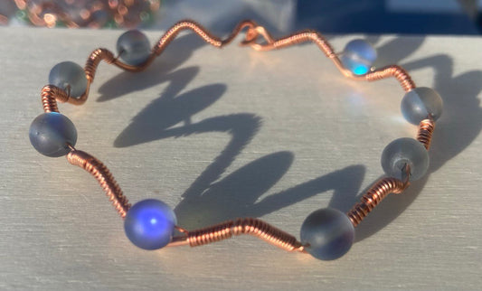 Moonstone Opal Glass Copper Wire-wrapped Bracelet