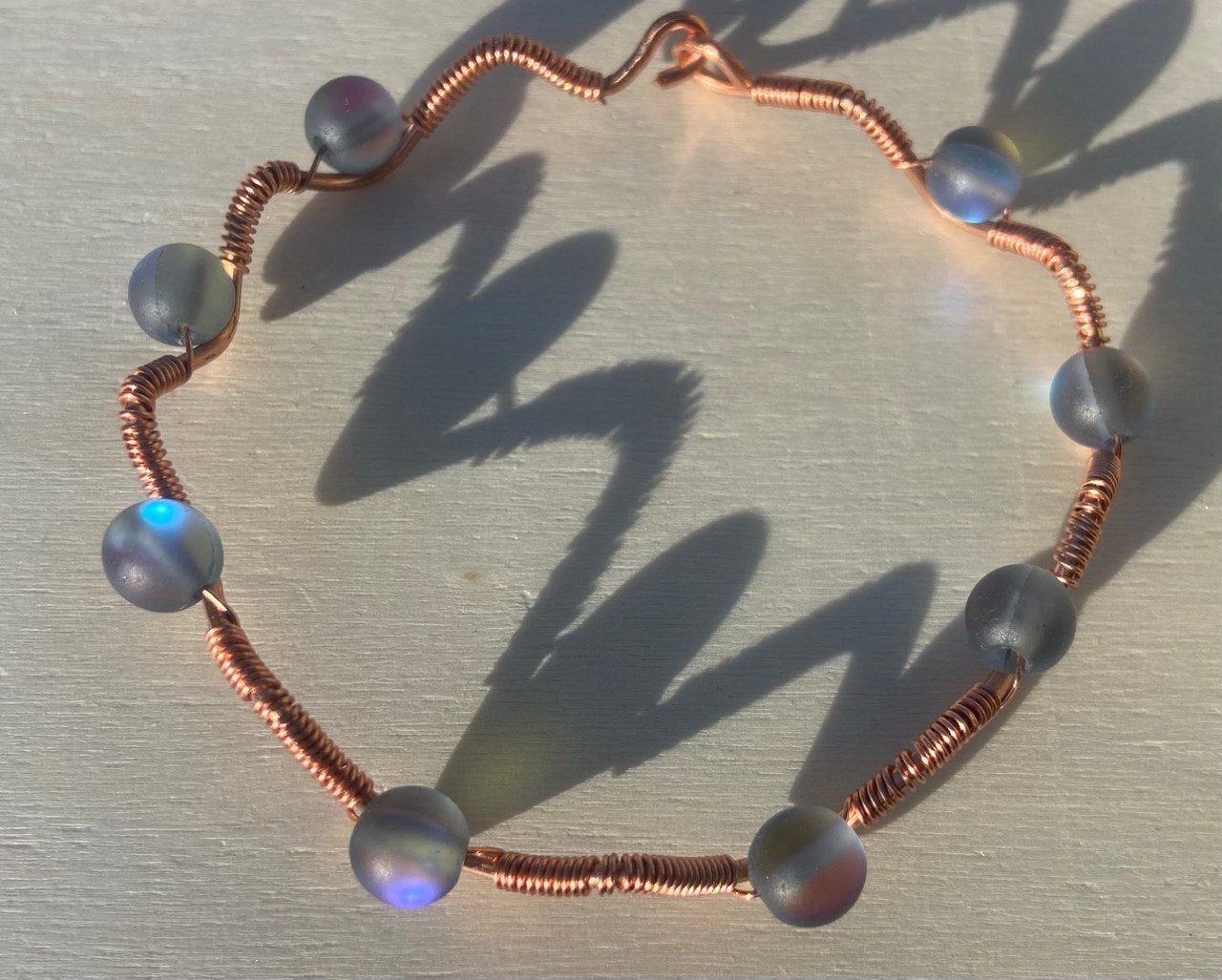 Moonstone Opal Glass Copper Wire-wrapped Bracelet