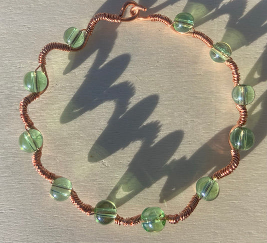 Green Glass Copper Wire-wrapped Bracelet