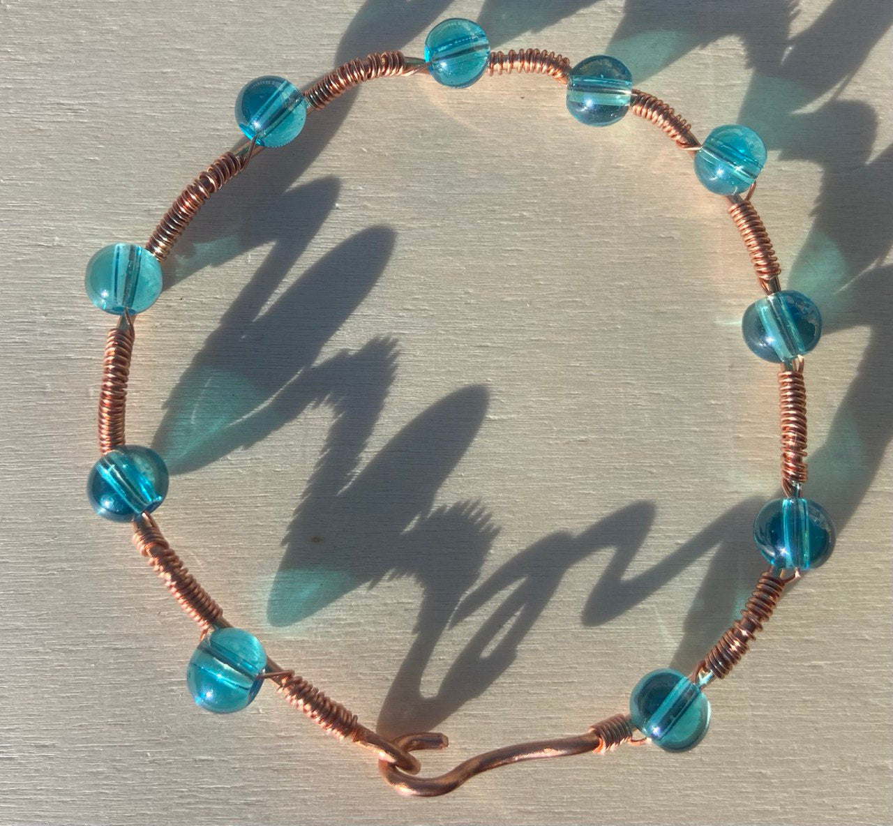 Aqua Glass Copper Wire-wrapped Bracelet