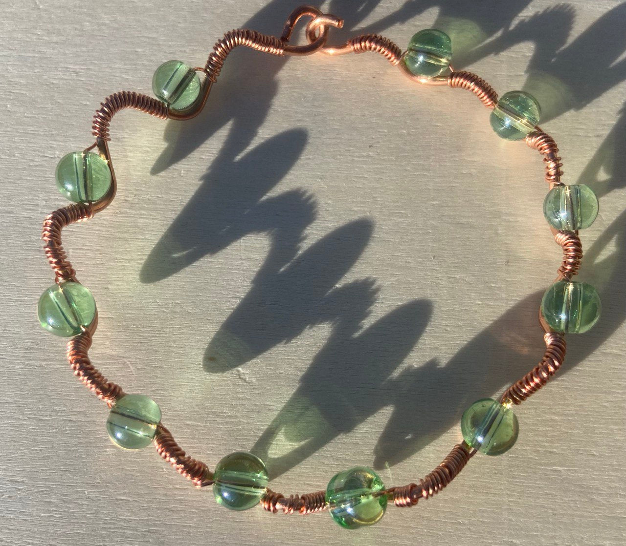 Green Glass Copper Wire-wrapped Bracelet