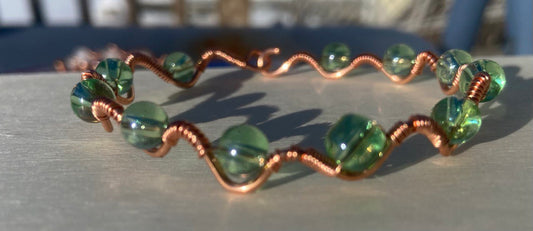 Green Glass Copper Wire-wrapped Bracelet