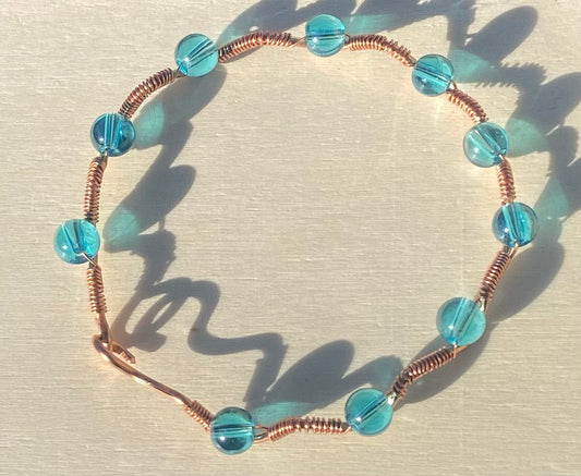 Aqua Glass Copper Wire-wrapped Bracelet